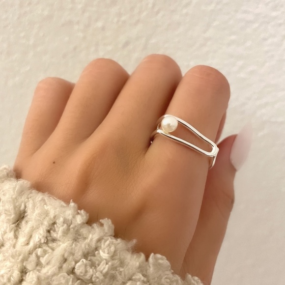 Jewelry - 925 Sterling Silver Minimalist Geometric Pearl Ring Dainty Ring Modern Bar Ring